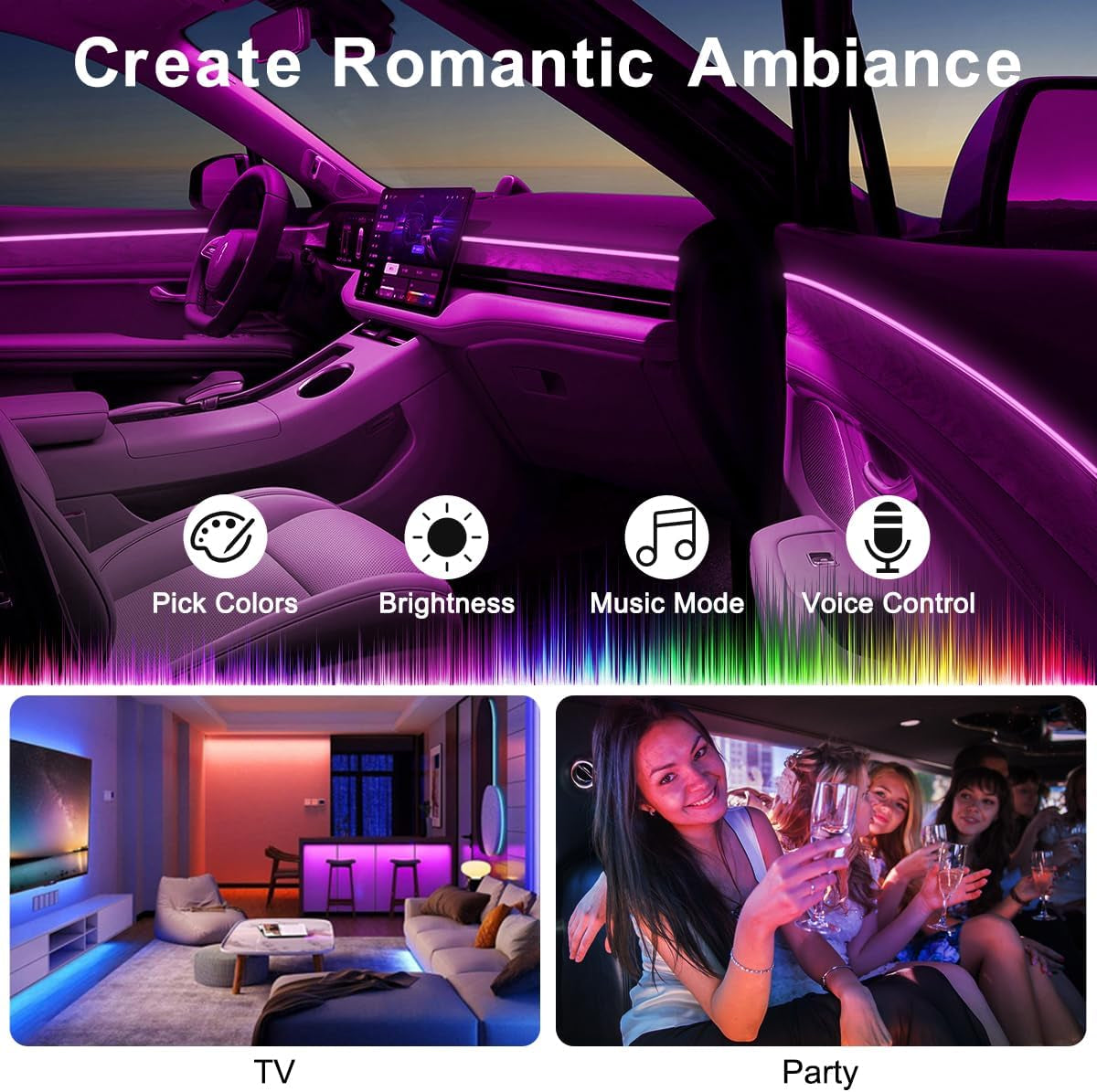 Interior Car LED Strip Lights with Wireless APP & Remote Control, RGB 2 in 1 Car Ambient Lighting Kit with 158 Inches Fiber Optic, Car Neon Dash Lights with Music Mode