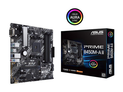 Prime B450M-A II AMD AM4 (Ryzen 5000, 3Rd/2Nd/1St Gen Ryzen Micro ATX Motherboard (128GB DDR4, 4400 O.C.), Nvme, HDMI 2.0B/Dvi/D-Sub, USB 3.2 Gen 2, BIOS Flashback, and Aura Sync)